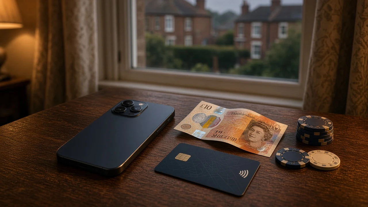 Ten-pound note beside phone and casino chips in UK setting