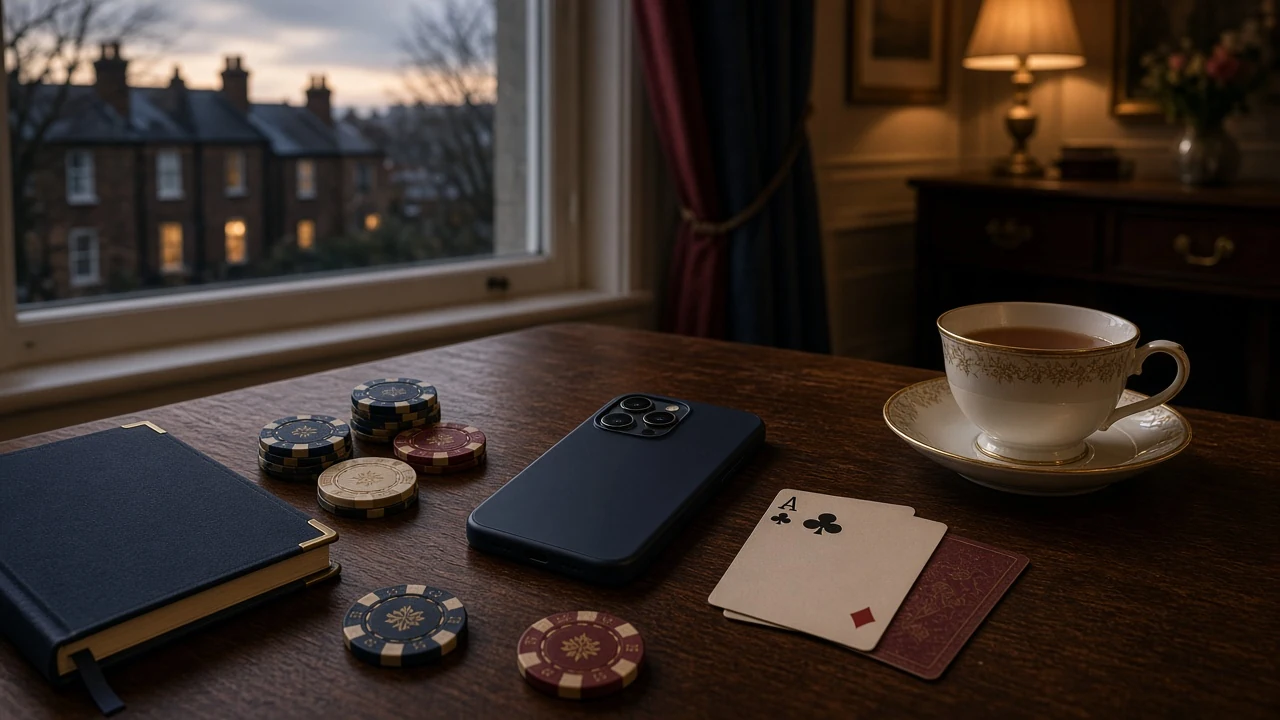 Casino chips and cards beside a phone in a British home