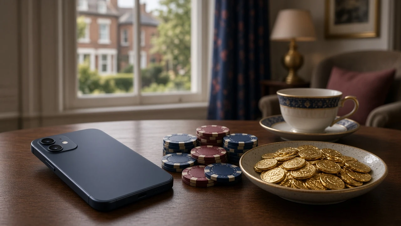 British casino promotion scene with chips and a face-down smartphone