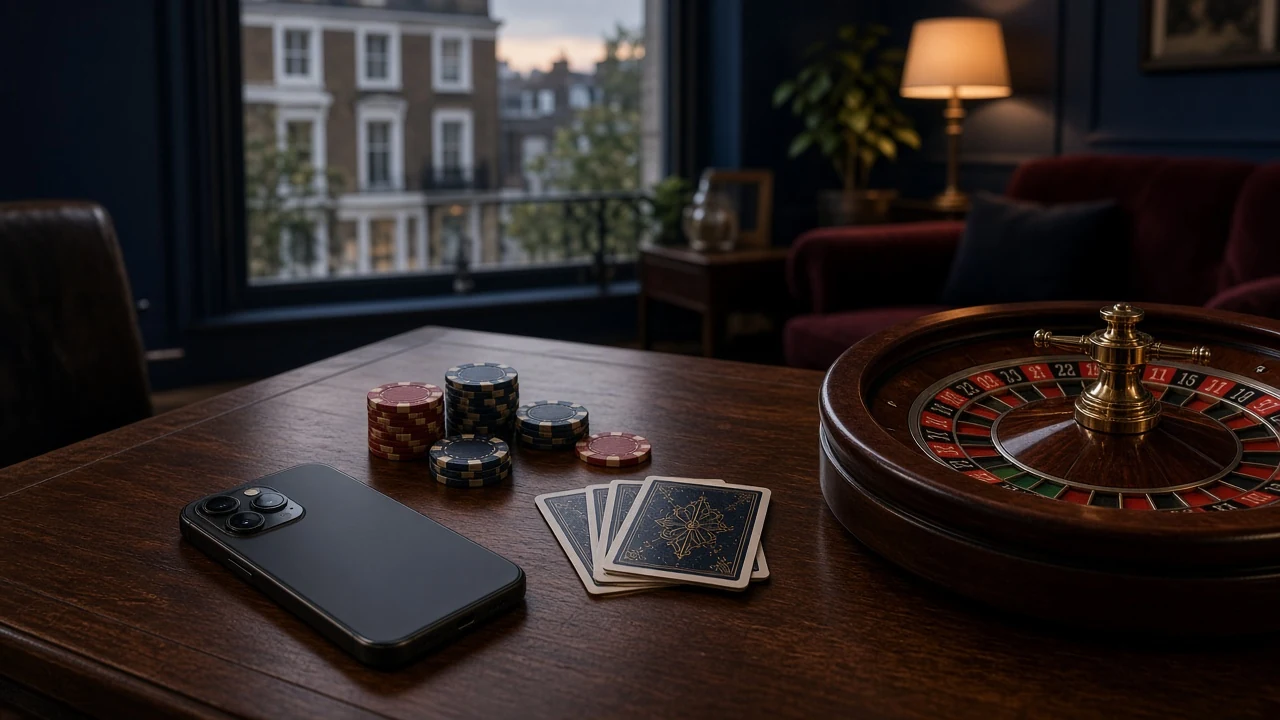 British casino table with chips, cards, roulette wheel, and closed smartphone