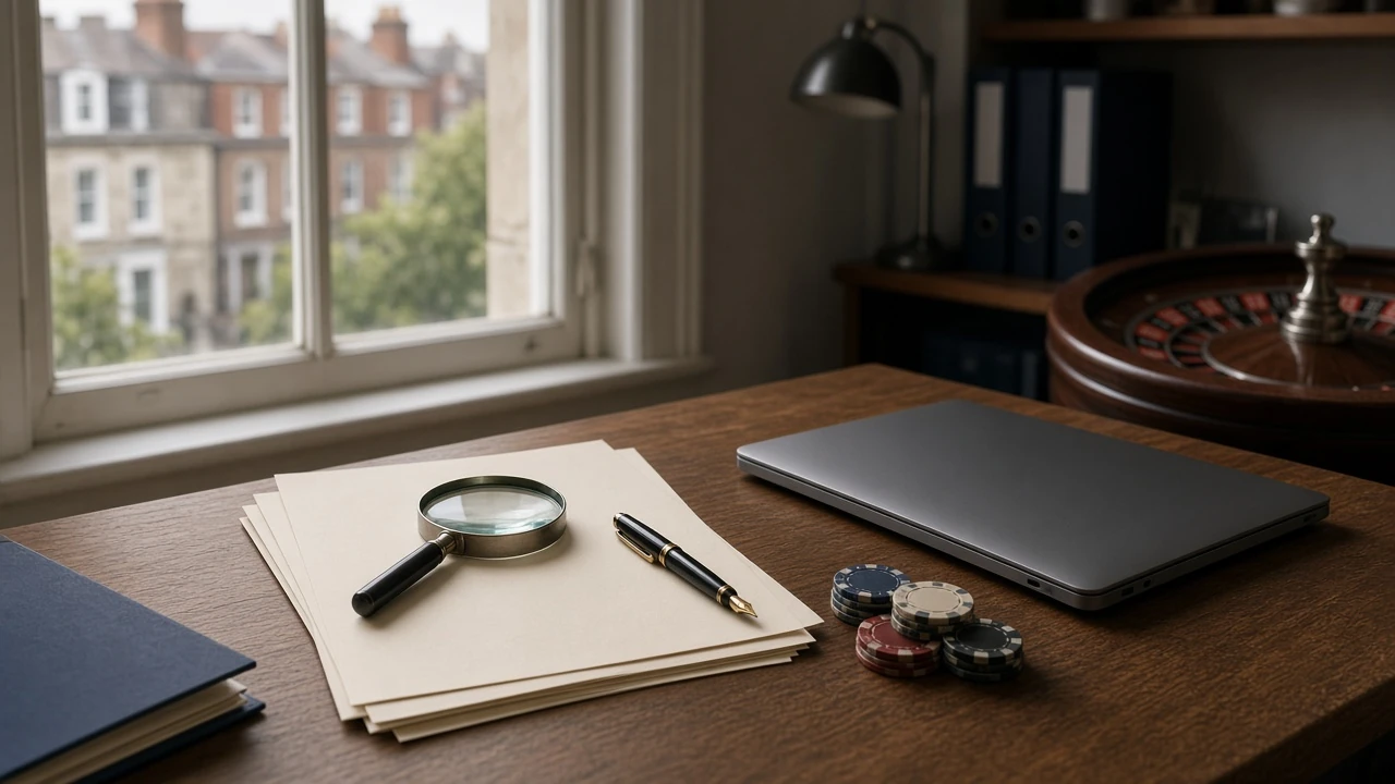 Editorial desk with research tools and subtle casino objects