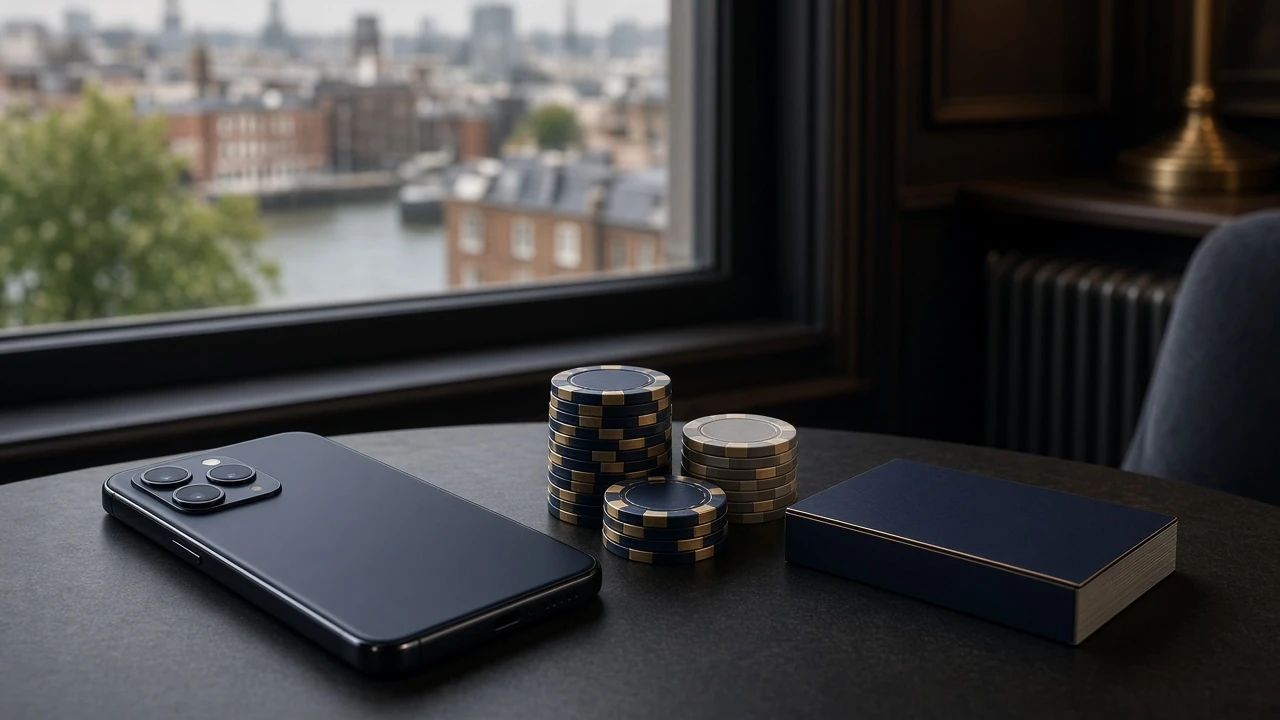 Android phone beside casino chips with a blurred London skyline
