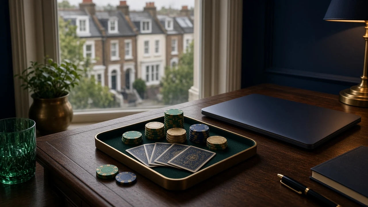 British online casino research setting with closed laptop and casino objects