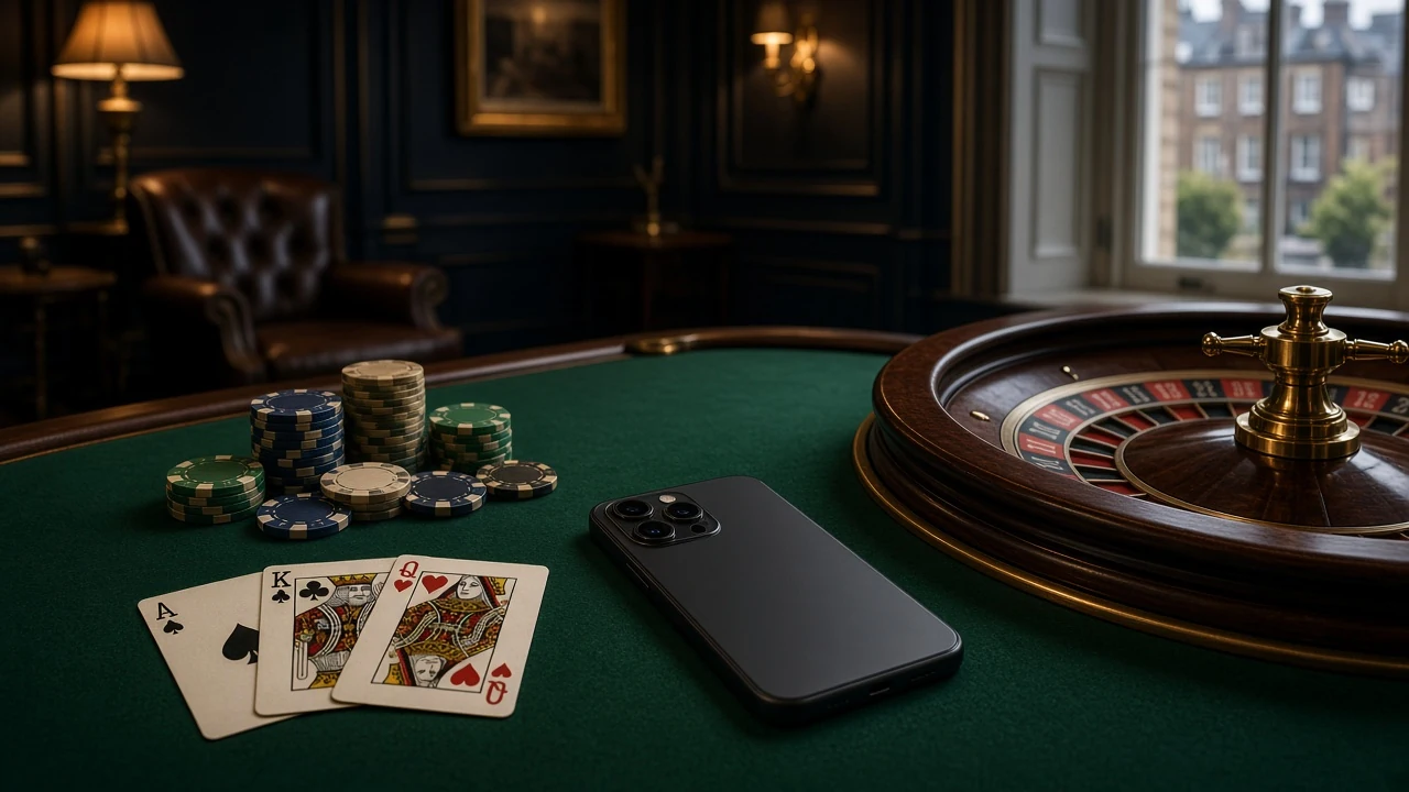 Casino table with chips, roulette wheel, cards, and face-down smartphone