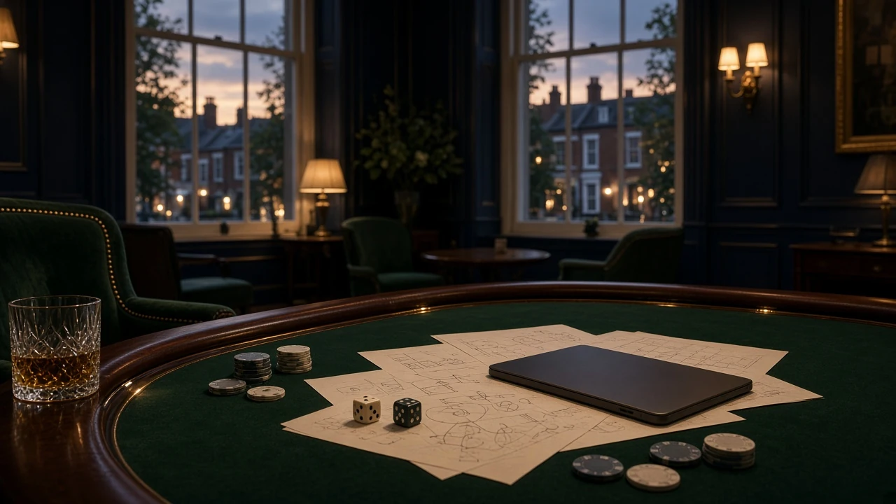 Elegant UK casino lounge with chips, dice, and closed tablet
