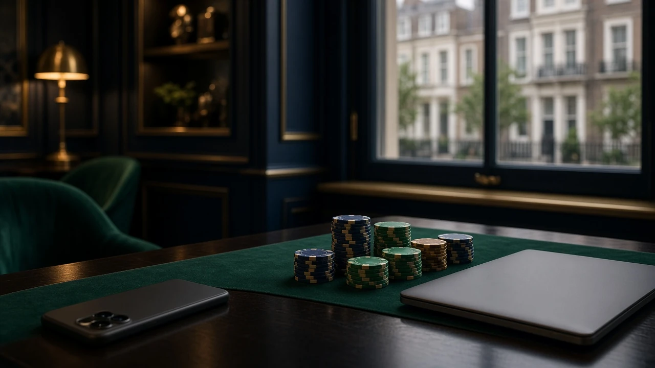 Casino chips beside closed devices in an elegant British gaming lounge