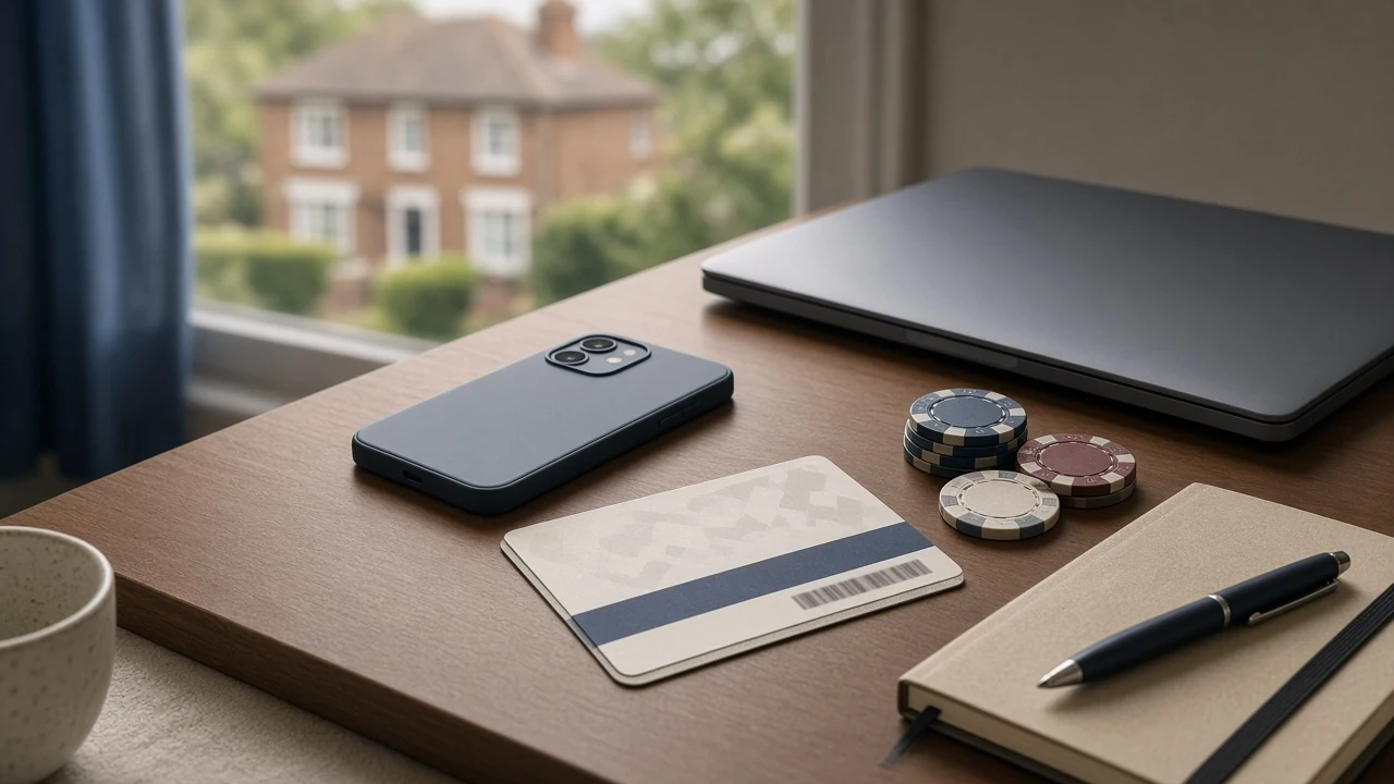 British desk with payment voucher, casino chips, and closed devices