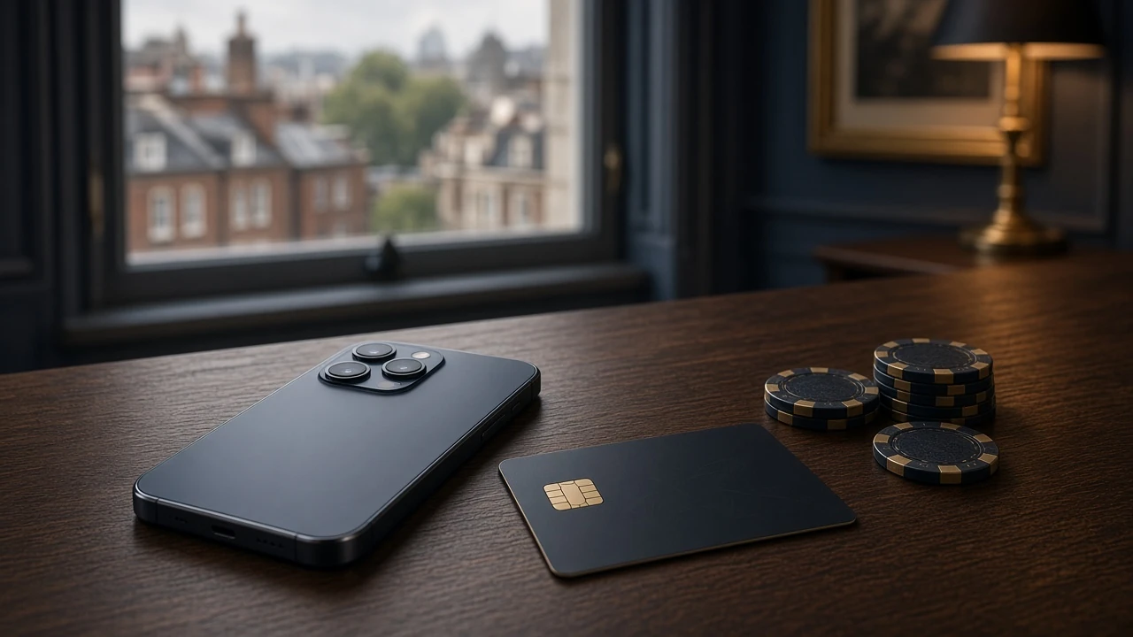 Smartphone, payment card and casino chips near a London skyline