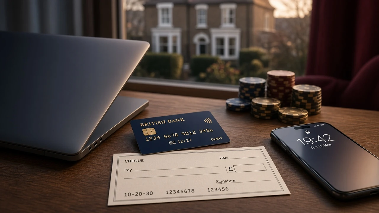 British payment items beside a laptop and casino chips