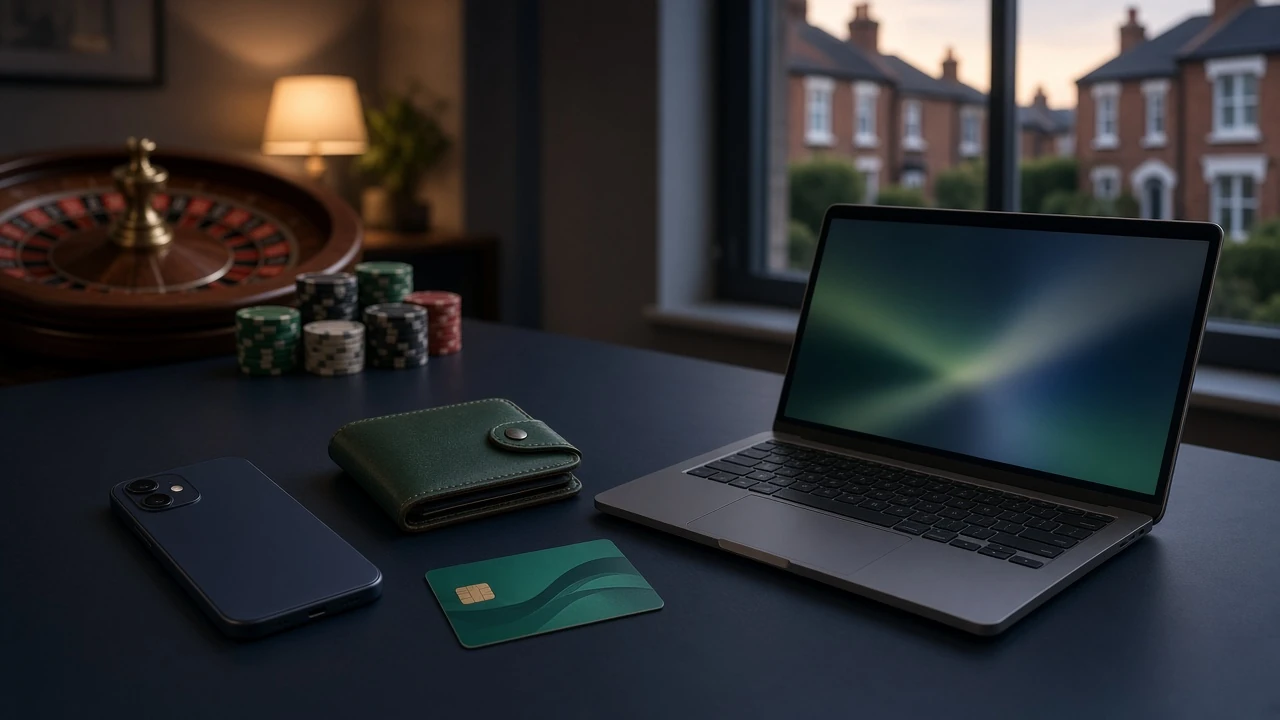 UK e-wallet casino payment setup with phone, laptop, and casino chips