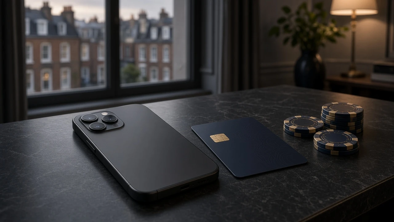 Android phone and bank card beside casino chips in a UK setting