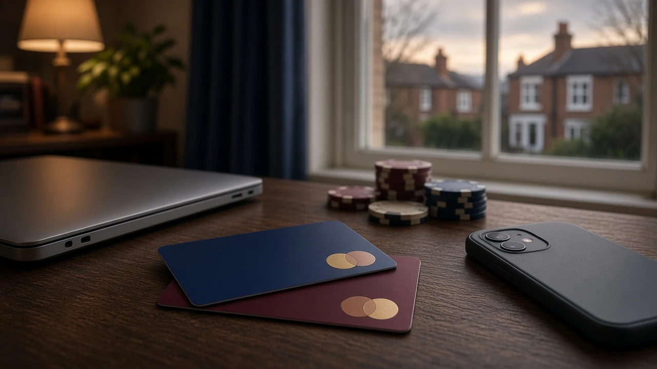 Generic payment cards beside a closed laptop and casino chips