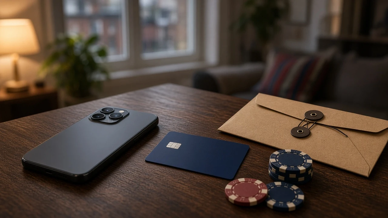 Smartphone, debit card, and casino chips on a desk