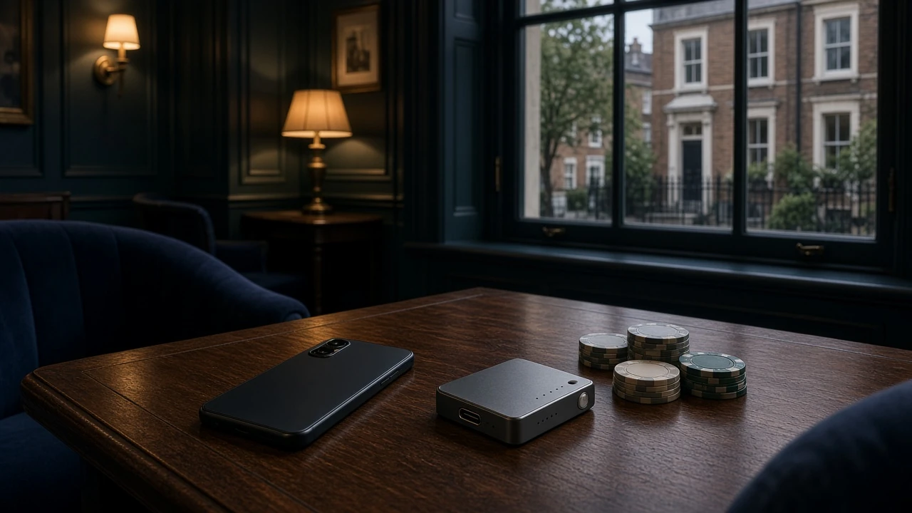 UK casino lounge with USDC wallet and neutral casino chips