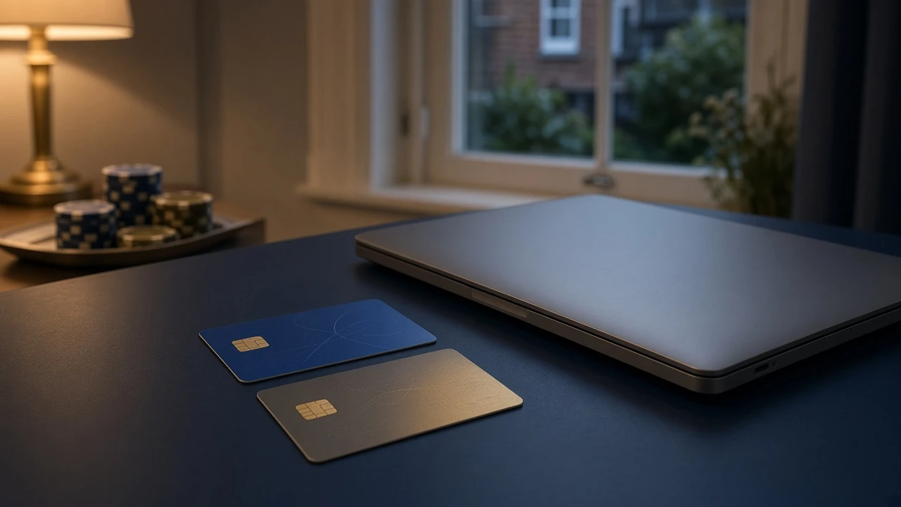 Generic debit and credit cards beside a closed laptop