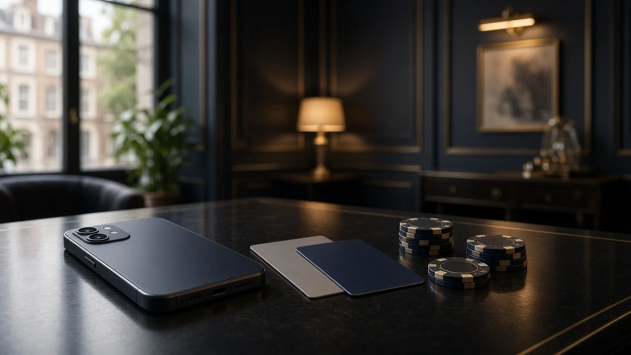 Closed smartphone, payment cards and casino chips in a British setting