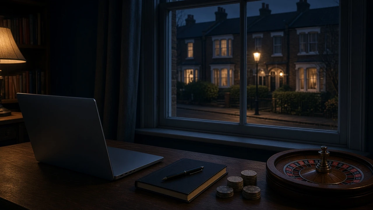 British home office with closed laptop and casino-themed objects