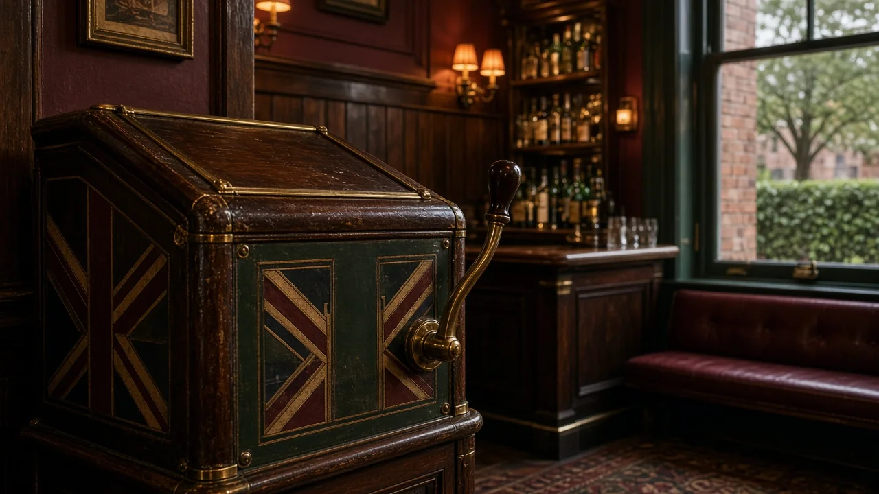 Vintage three-reel fruit machine in a warm British pub