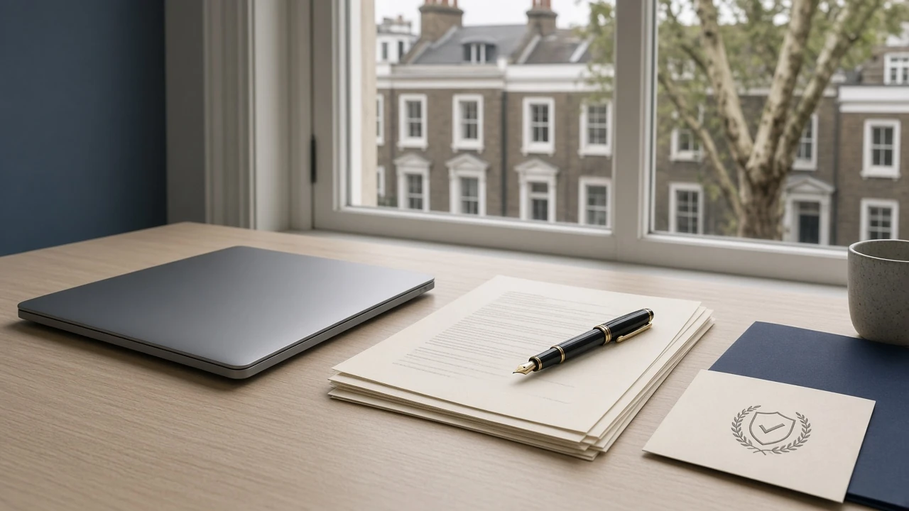 Desk with closed laptop and legal papers for a disclaimer page