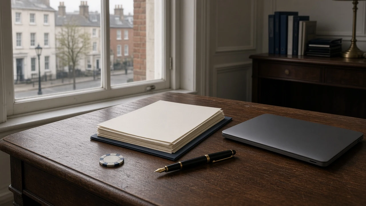 British legal information desk with documents and a casino chip