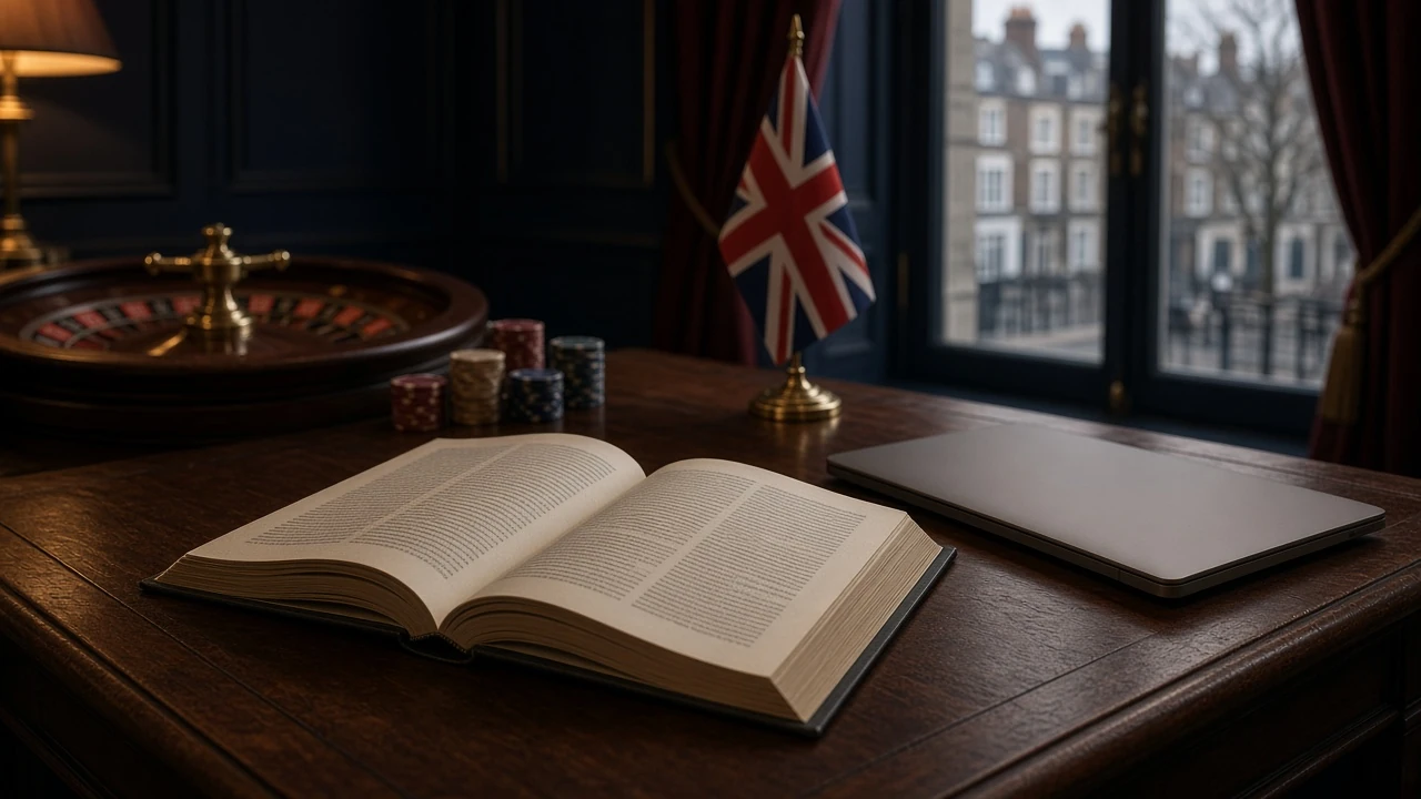British gambling law book beside casino objects on a desk