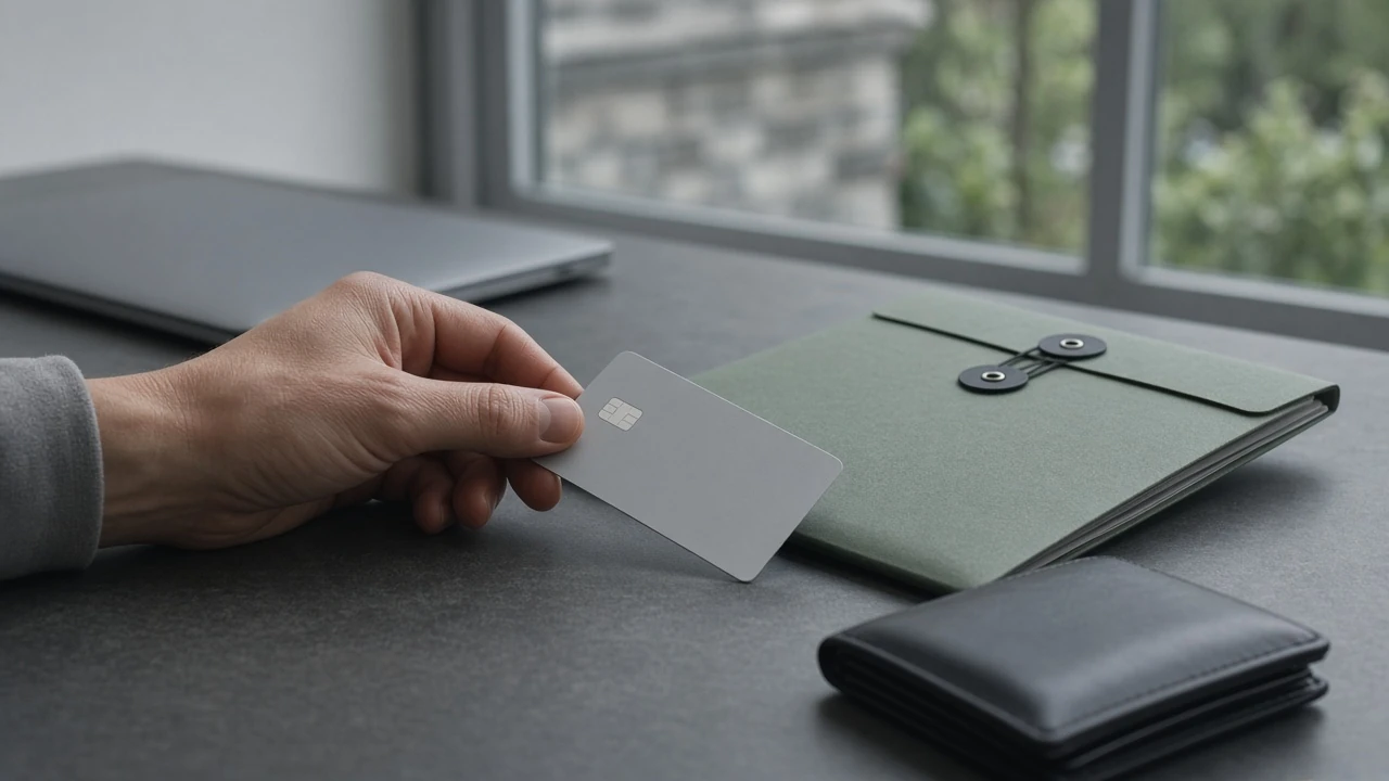 Bank card and sealed compliance folder on an office desk
