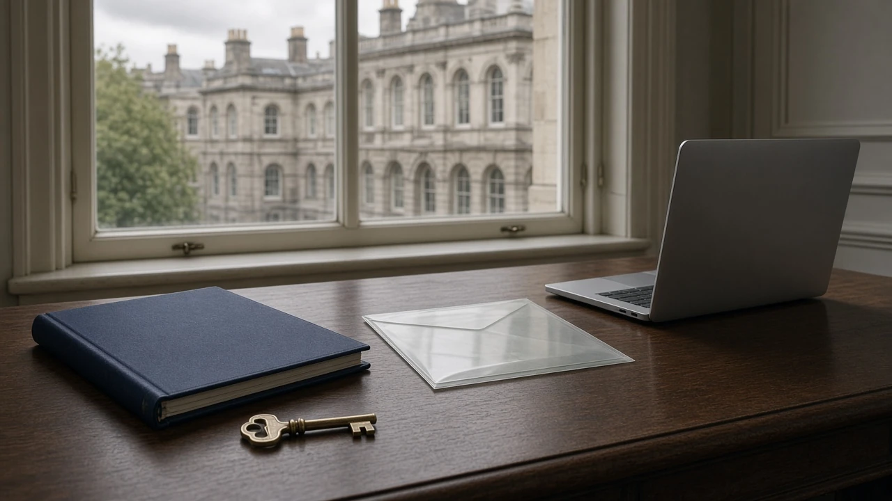 Compliance desk with folder and key in a British office
