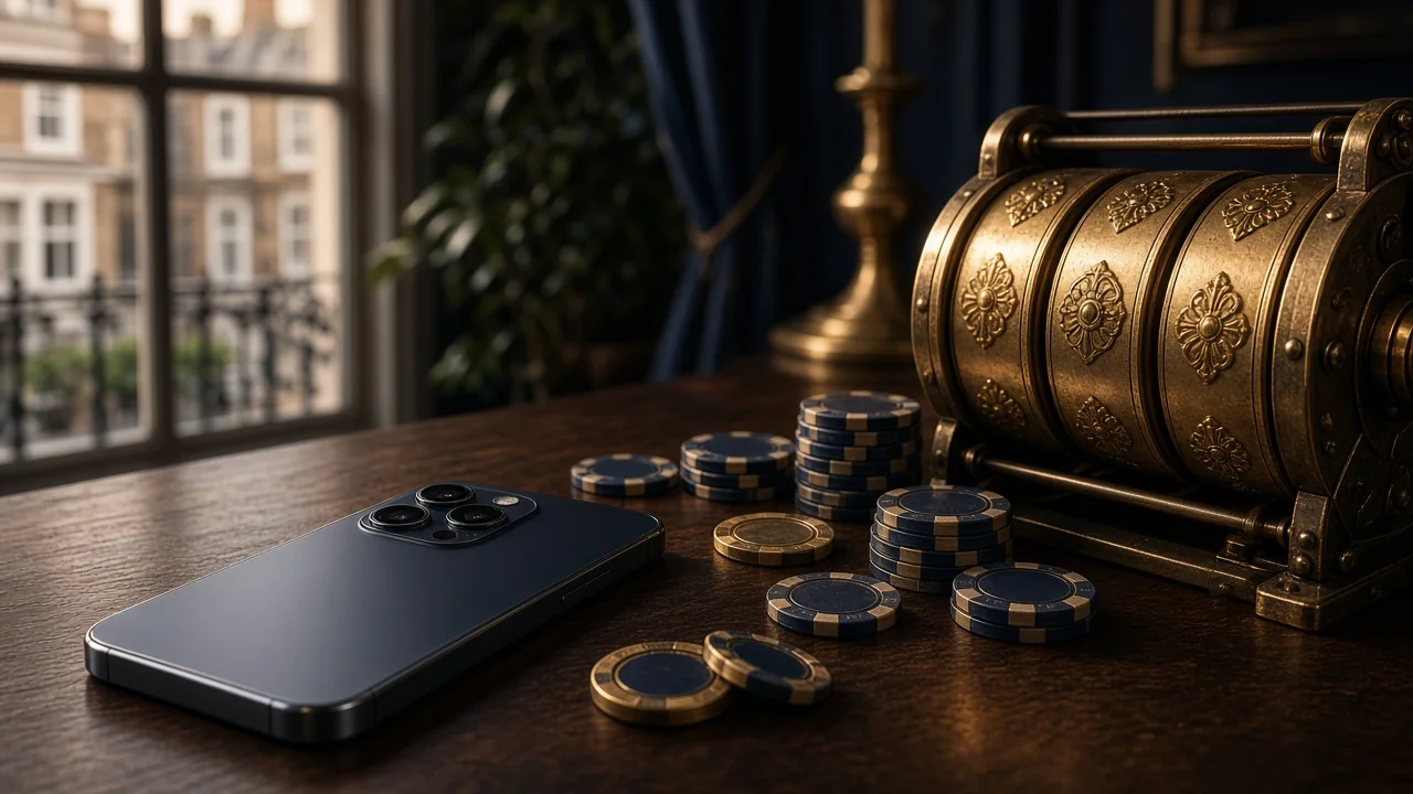 Smartphone beside classic slot reels and casino chips in a UK setting