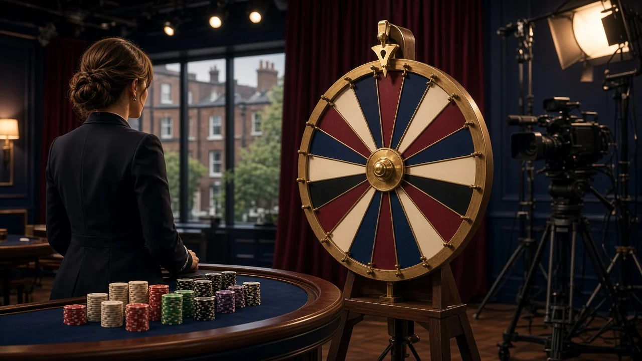 Live casino dealer beside a brightly lit game wheel