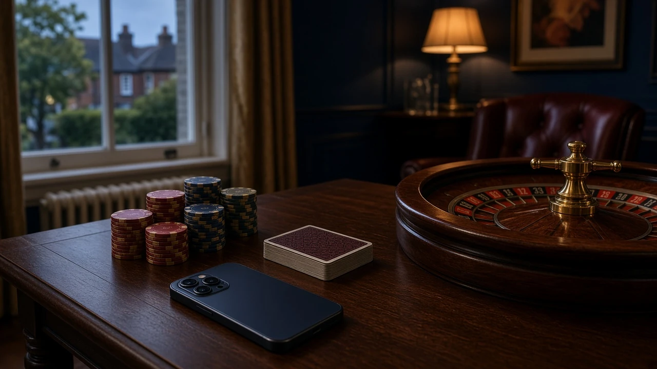 Casino table with chips and a face-down smartphone in a UK setting