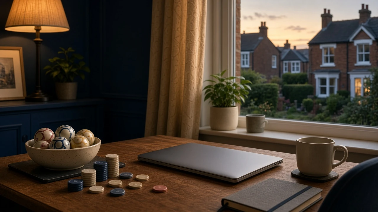 British home setting with bingo tokens and closed laptop