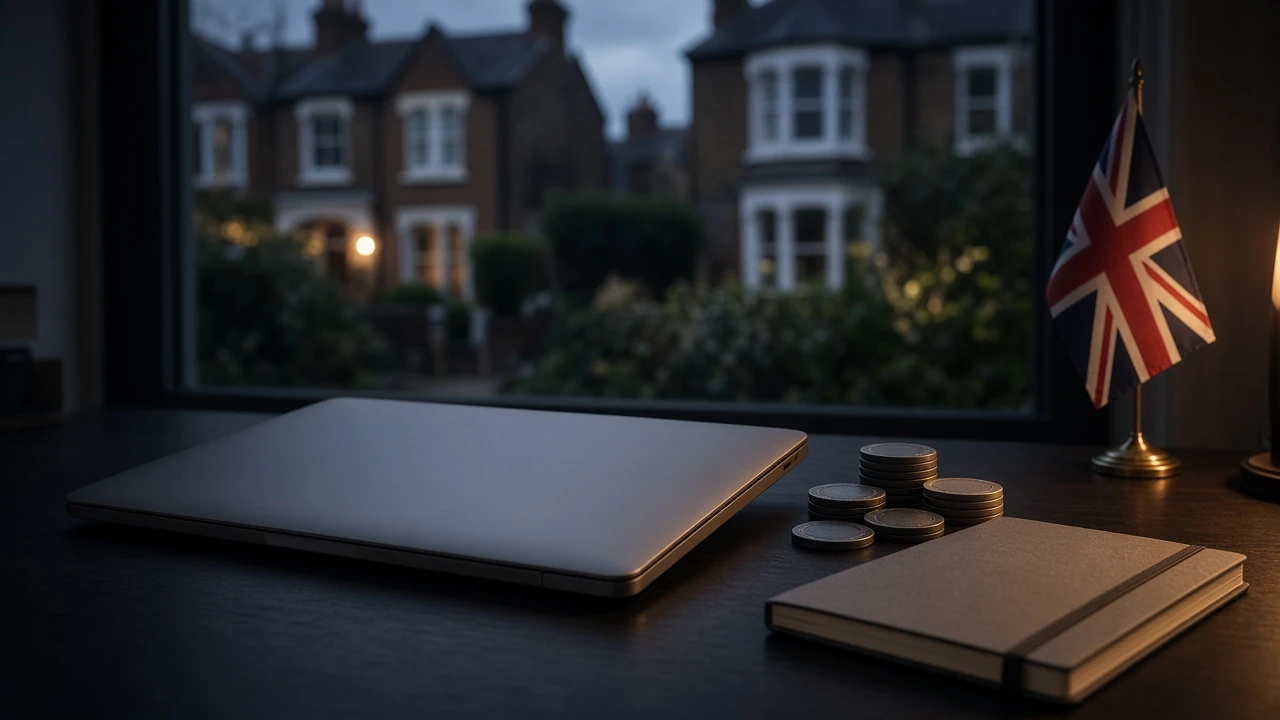 Closed laptop with casino tokens and British flag accent