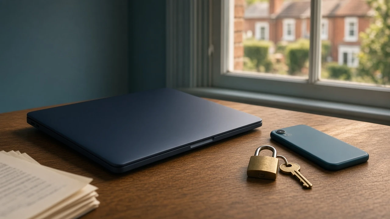 Closed devices and padlock symbolizing online privacy protection
