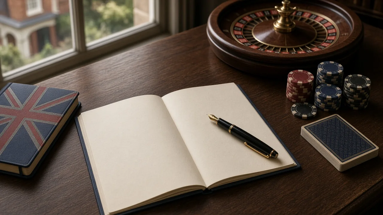 Legal document beside casino items on a British-themed desk