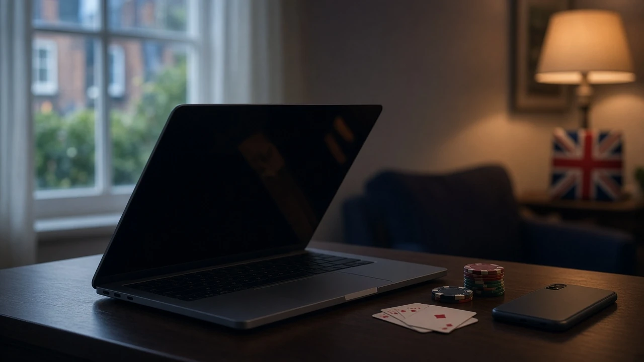 Laptop, casino chips and British interior representing VPN casino access